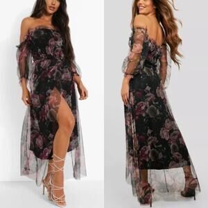 NWT Boohoo Off The Shoulder Mesh Floral Ruched Maxi Dress Black Womens Size 10